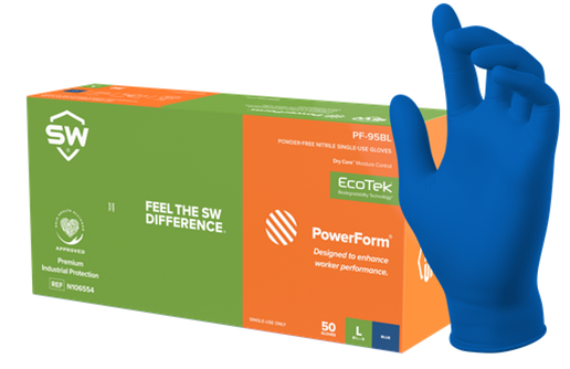 PF-95BL SW Safety® PowerForm® EcoTek® Biodegradable Dry Core® Blue Latex-Free Nitrile Exam Gloves